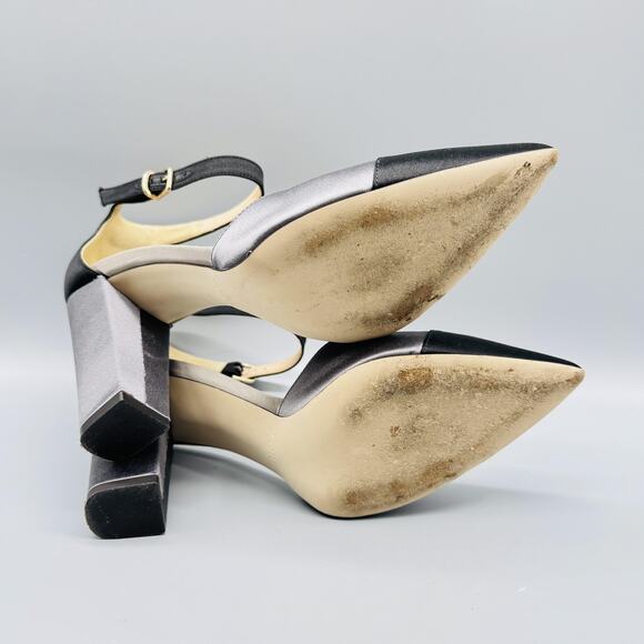 J Crew Shoes Women 8.5 Black Gray Satin Colorblock Pump Ankle Strap Block Heels - Picture 8 of 11